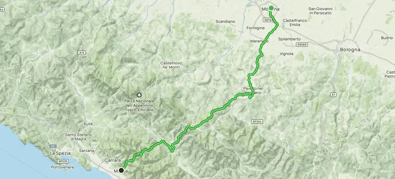Mappa del percorso della Via Vandelli, che attraversa il Parco Nazionale dell'Appennino Tosco-Emiliano, collegando la costa ligure a Modena.