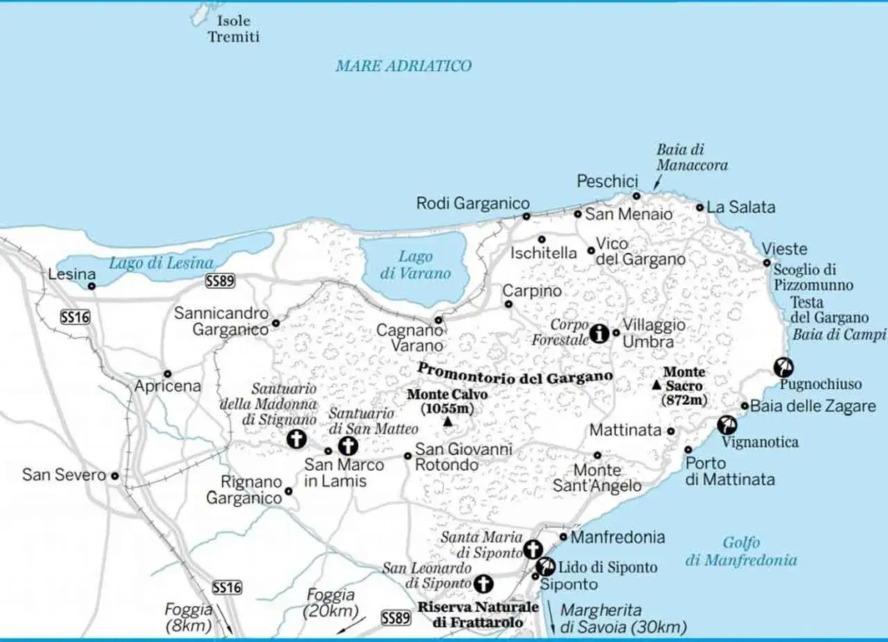 Mappa del Gargano e dei paesi della Puglia: Lesina, Rodi Garganico, Vieste, Mattinata, Manfredonia e altri borghi.