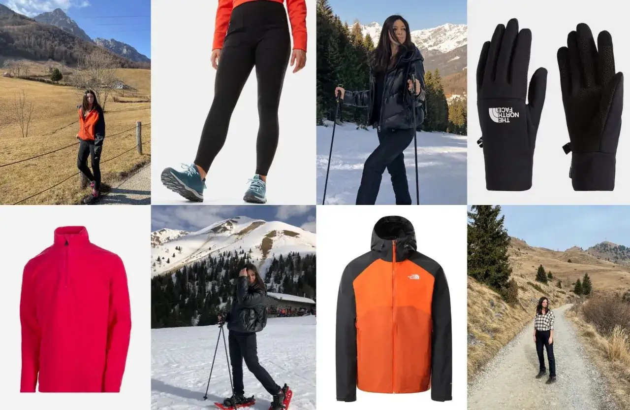 Ragazza con racchette da neve, abbigliamento invernale e paesaggi montani. Perfetto per camminare sulla neve.