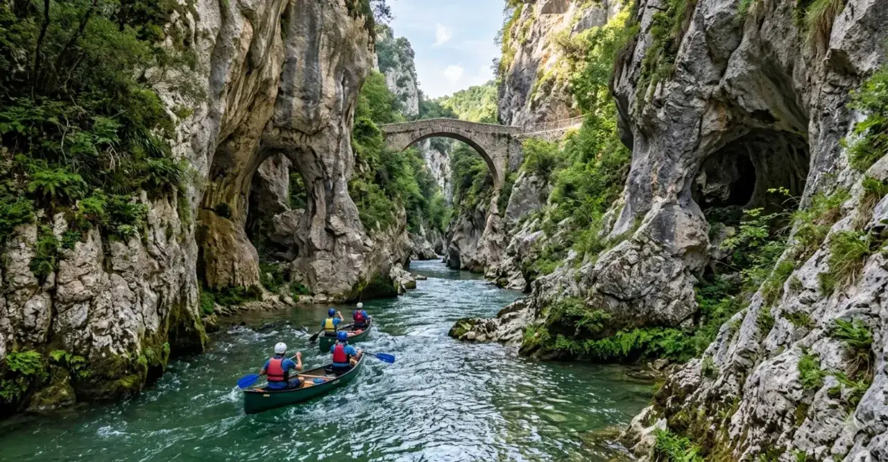 Canoisti navigano un fiume in un suggestivo canyon in Italia, sotto un antico ponte di pietra.