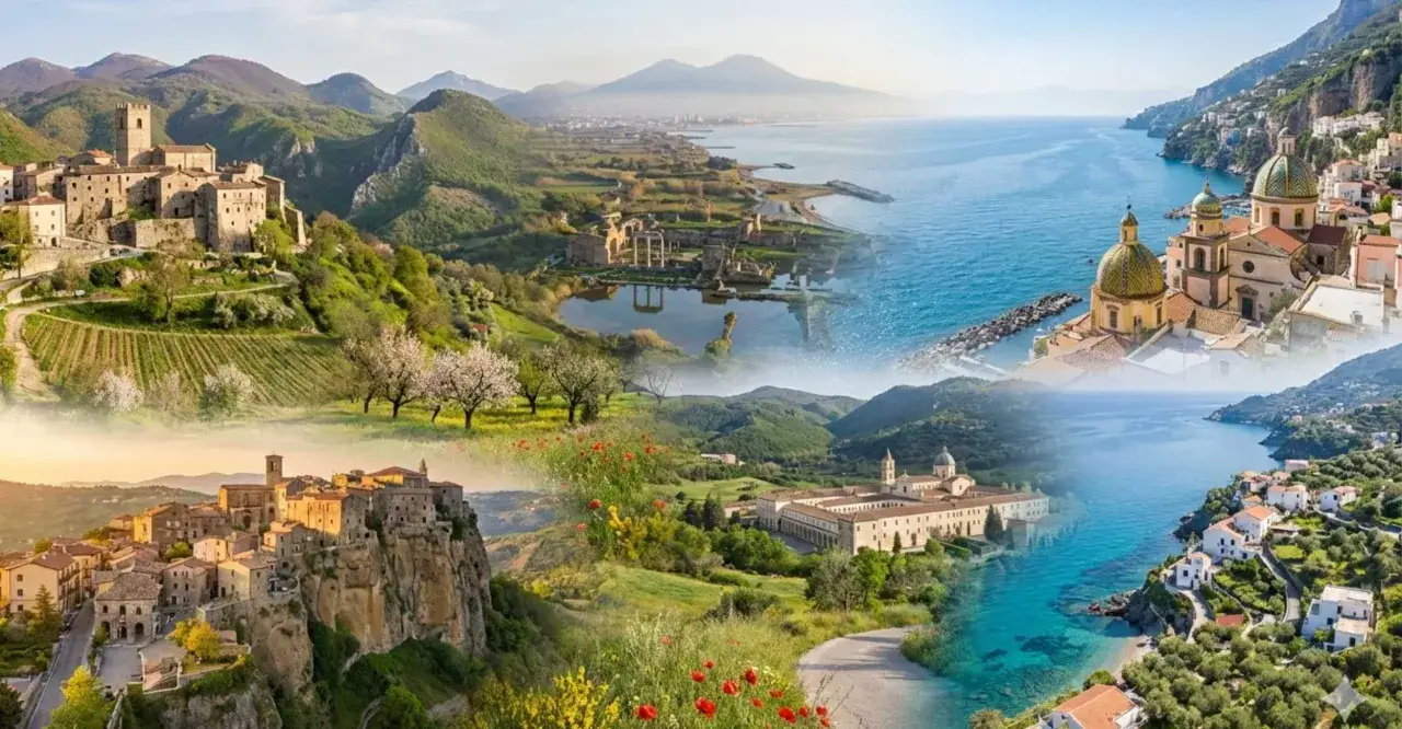Un collage di incantevoli borghi da visitare in Campania: castelli arroccati, antiche rovine, chiese con cupole colorate e villaggi affacciati sul mare cristallino.