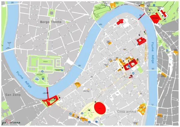 Mappa di Verona: cosa vedere a Verona in un giorno. Mostra l'Arena, Casa di Giulietta, Castelvecchio e il fiume Adige.