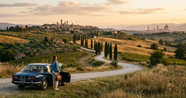Donna con mappa accanto a un'auto d'epoca in un paesaggio collinare della Toscana da vedere, con cipressi e borghi all'orizzonte.