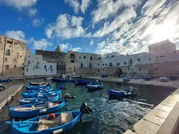 Porto con barche blu e case bianche, un'idea di cosa vedere a Bari in 3 giorni.