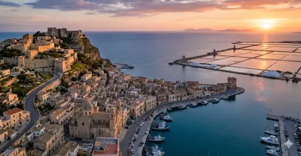 Vista aerea di Trapani al tramonto: castello, porto con barche, saline e mulini. Perfetto per scoprire cosa vedere a Trapani in 3 giorni.