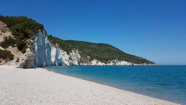 Spiaggia bianca puglia con scogliere a picco sul mare cristallino e vegetazione mediterranea.