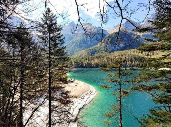 Un lago turchese incastonato tra montagne boscose, con una spiaggia sabbiosa che si estende nel **Val di Non**.