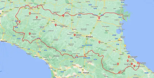 Mappa dell'Emilia-Romagna con itinerario rosso che collega città d'arte e borghi, ideali per scoprire i **posti da vedere in Emilia Romagna**.