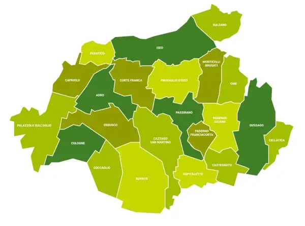 Mappa dei comuni della Franciacorta, dove si trova questa rinomata zona vinicola.