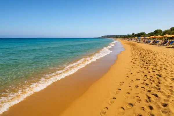 Spiagge bianche di Ragusa, con mare cristallino e ombrelloni gialli che invitano al relax.