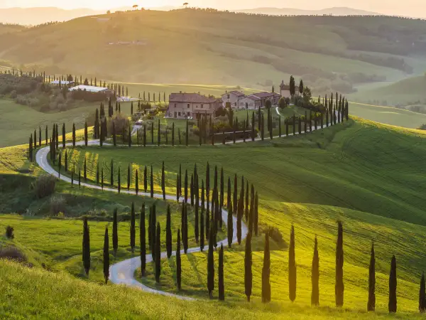 Un sogno di tour toscana 3 giorni: colline verdi, cipressi iconici e un casale al tramonto.