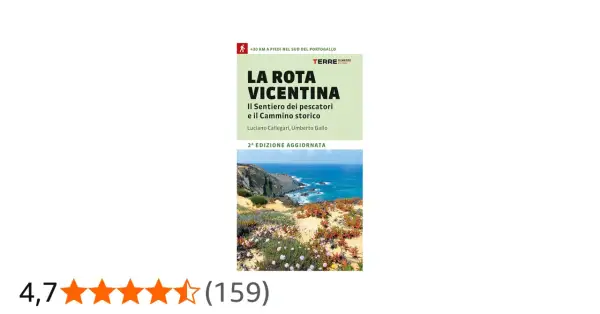 Copertina del libro "La Rota Vicentina", con paesaggio costiero e indicazioni sulle tappe del cammino.