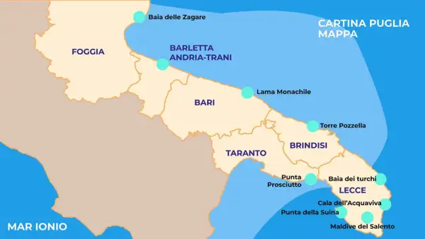 Mappa dei paesi della Puglia, con Foggia, Bari, Taranto, Brindisi e Lecce. Include località come Baia delle Zagare e Maldive del Salento.