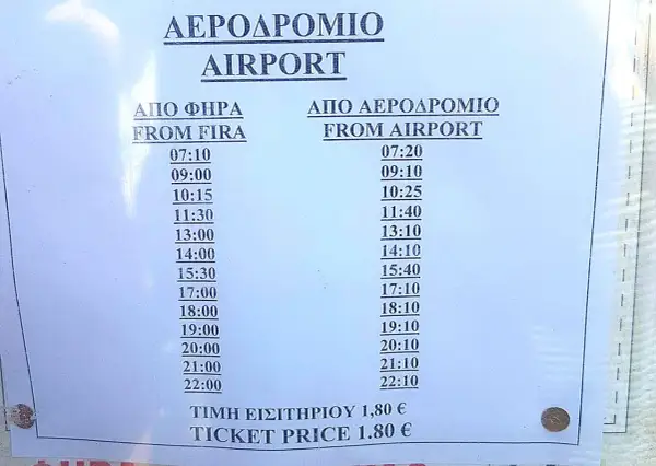 Orari bus Santorini: come muoversi dall'aeroporto a Fira e viceversa. Prezzo biglietto 1,80 €.