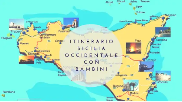 Mappa dell'itinerario in Sicilia occidentale con bambini: cosa visitare tra Trapani, Palermo, Agrigento, Etna e Siracusa.
